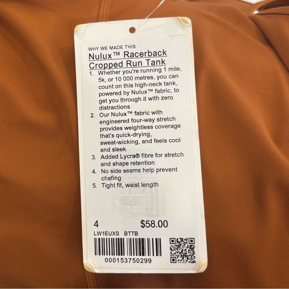 NWT Lululemon Nulux Racerback Cropped Run Tank Top Size 4 In Butternut Brown - Picture 4 of 5